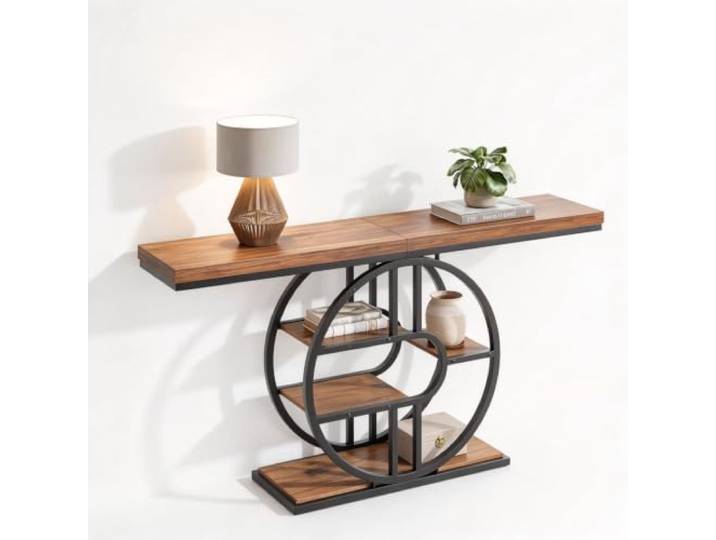 Koioplie Konsolentisch 120 cm 5-stufig Metall Holzoptik Flammenmuster Schmale Bauform, runde Ablagen, industrielle Optik, Esszimmer