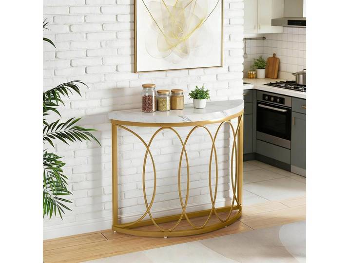 BBWL Konsolentisch moderner Eingangstisch aus Kunstmarmor und Metall, Goldener Konsolentisch mit Halbmond-Design für Flur Wohnzimmer