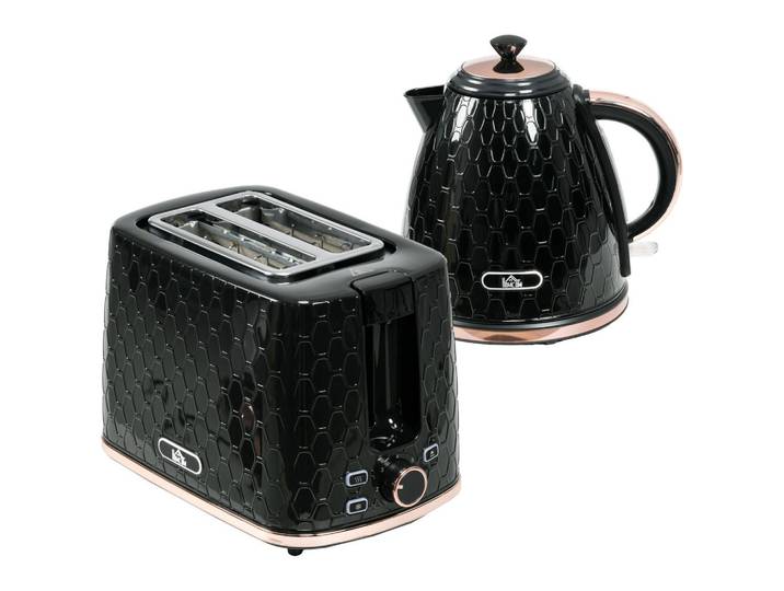 Homcom Kocher-Toaster-Set 2er Set Kunststoff Stahl Schwarz, 19.5x23.4x24.2 cm, Kochgeschirr, Küchengeräte, Wasserkocher