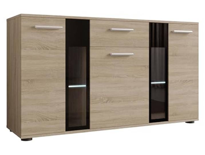 Mirjan24 Kommode Salsa mit 3 Türen, Blauer LED (Sonoma Eiche) Elegantes Sideboard mit Schublade, Glasböden, teilverglasten Fronten und kratzfester Oberfläche, B/H/T: 141/80/41 cm