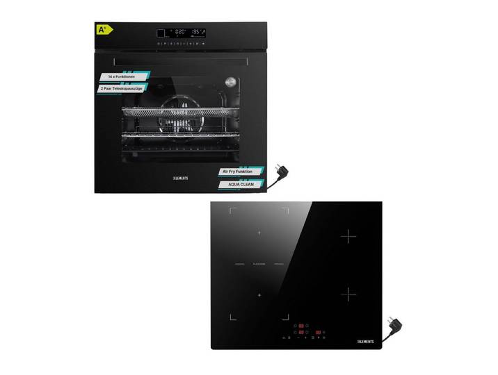 KB Elements Induktions Herd-Set Einbaubackofen 60 cm mit 4-Zonen Induktionskochfeld 60cm, mit 2-fach-Teleskopauszug, AQUA CLEAN, Backofen Full Touch mit 15 Funktionen, Schuko-Anschluss (EU-Stecker)