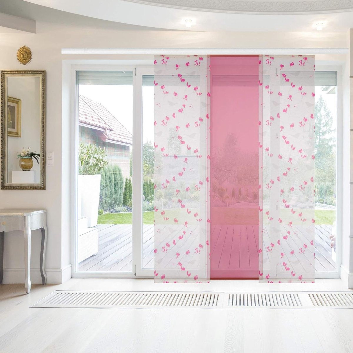 Paneelgordijn Elena Framboos Paradise - Lichtgewicht voile schuifgordijn met print - 3x 60 x 260 cm