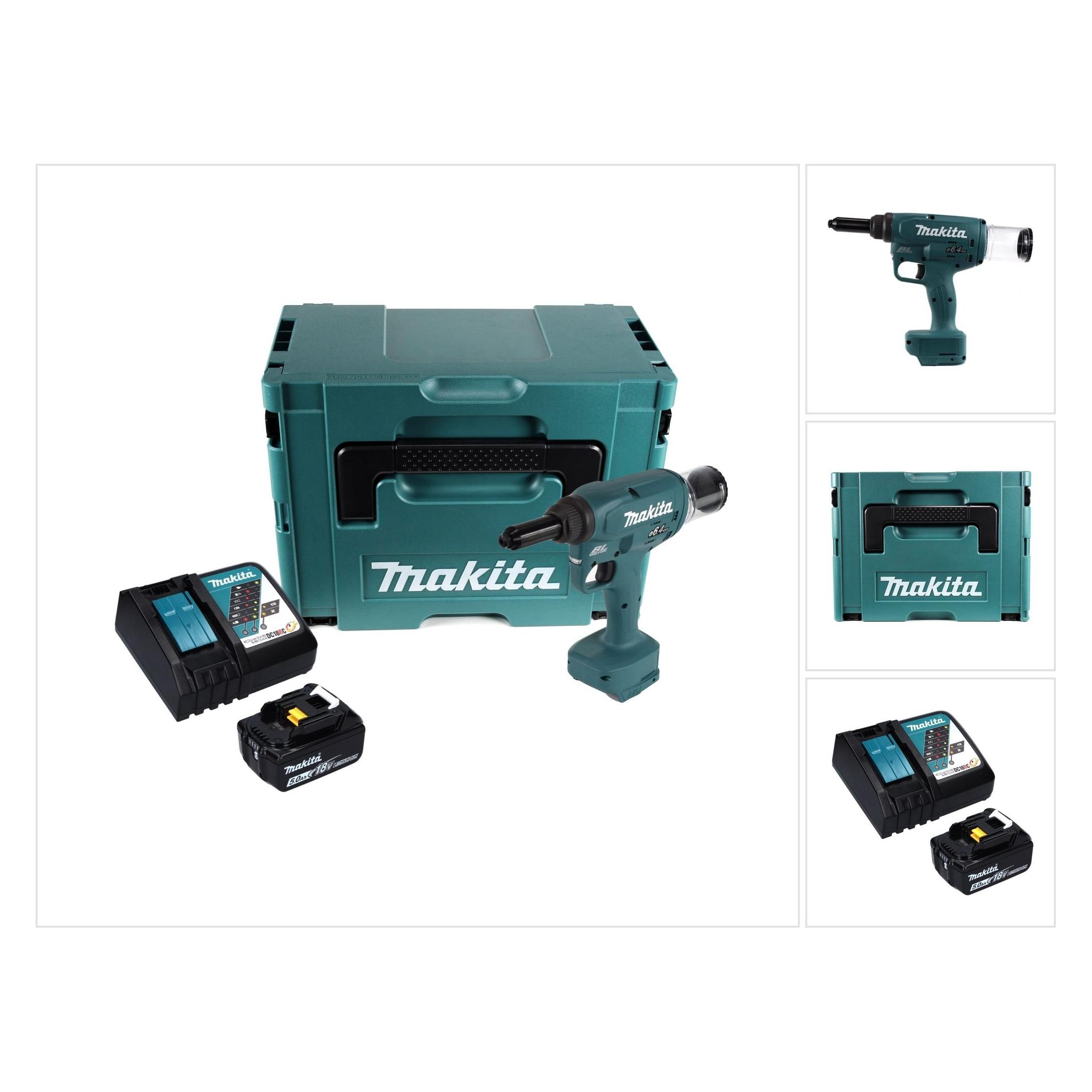 Makita DRV 250 RT1J Akku Blindnietsetzgerät 18 V 20 kN Brushless + 1x Akku 5,0 Ah + Ladegerät + Makp (DRV250RT1J)