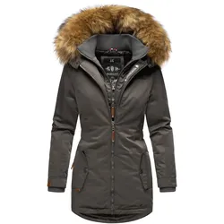 MARIKOO Damen Eleganter Wintermantel Kurzmantel mit Kunstfellkapuze Sanakoo