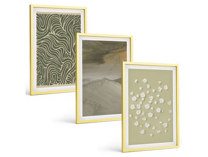 BILDER SET 3er Set - 40x60 cm Goldrahmen - Abstrakte florale Wellenmuster