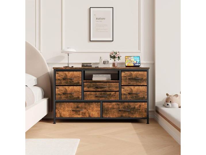 Commode Organisateur Lumineuse - PROMIRACAL - 8 Tiroirs Anti-Déformation + 3 Prises & 2 USB-A + LED RGB - 120x36x75cm - Marron