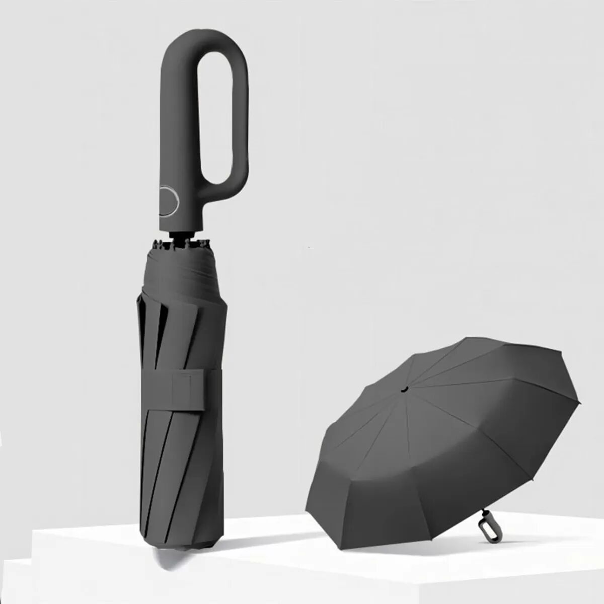 INF Parapluie pliant automatique 120-armatures avec crochet - Protection UPF50+, compact 32.5x6cm Le noir