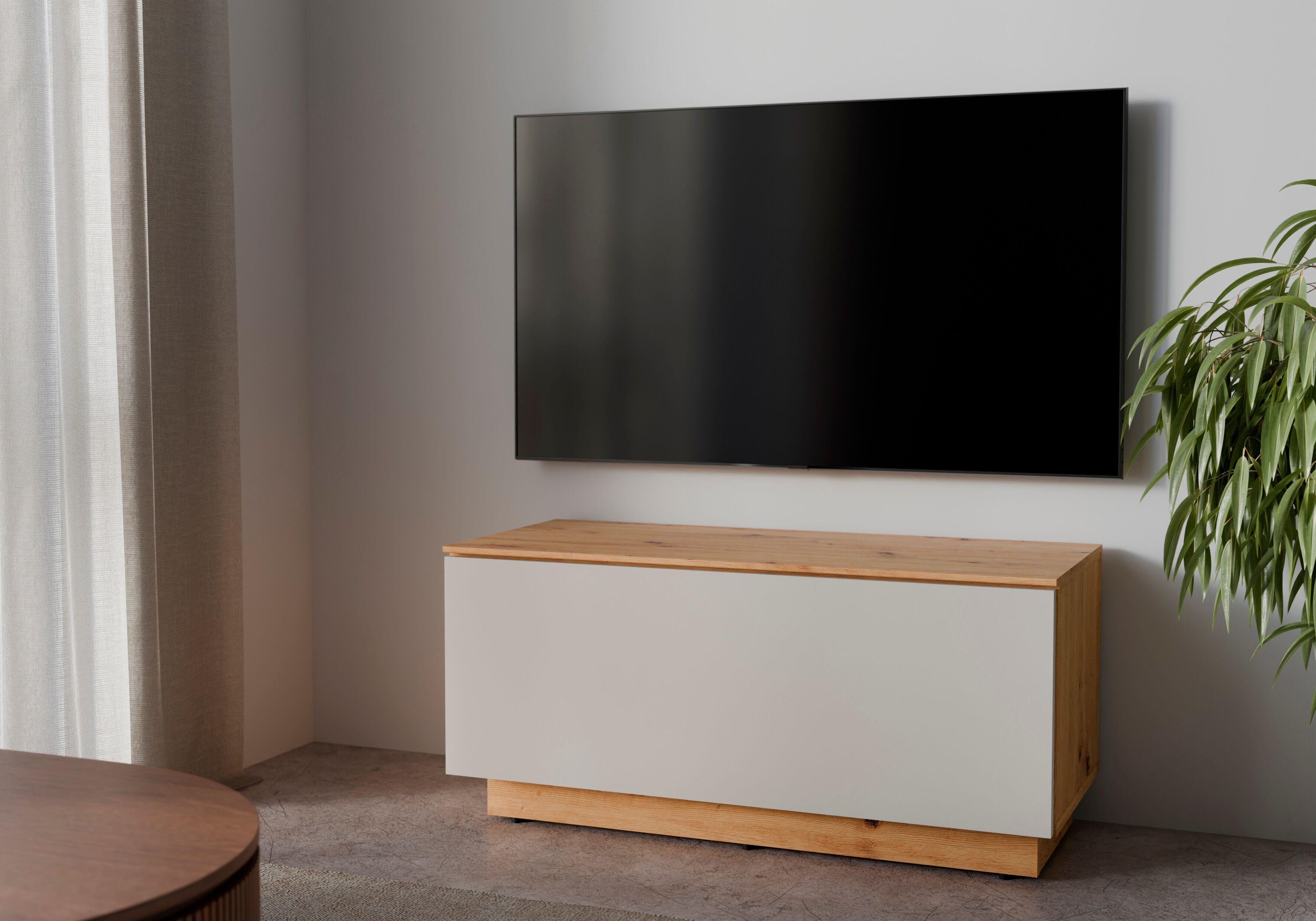 Lowboard GOODPRODUCT "kompakt, mit überraschend viel Stauraum, 1 Klappe", beige (eiche, kaschmir), B:80cm H:37,6cm T:35cm, Holzwerkstoff, Melamin, Sideboards, Lowboard, hängend oder stehend, grifflos, modern, Breite 80cm eiche, kaschmir B/H/T: 80cm x 37,6