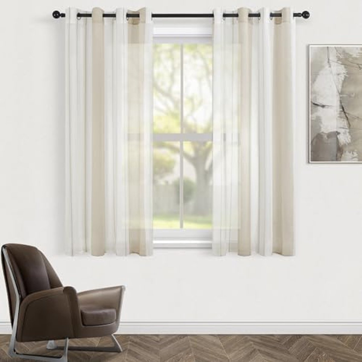 Set van 2 semi-transparante gordijnen met verticale strepen voor woonkamer, slaapkamer of keuken