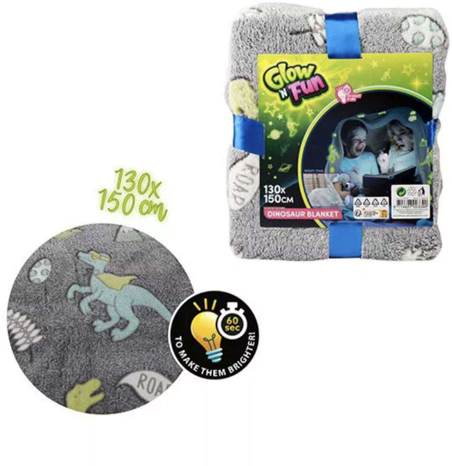 Glow N Fun Dino Deken - Dinosaurus Plaid - Glow In The Dark - 130 x 150 cm