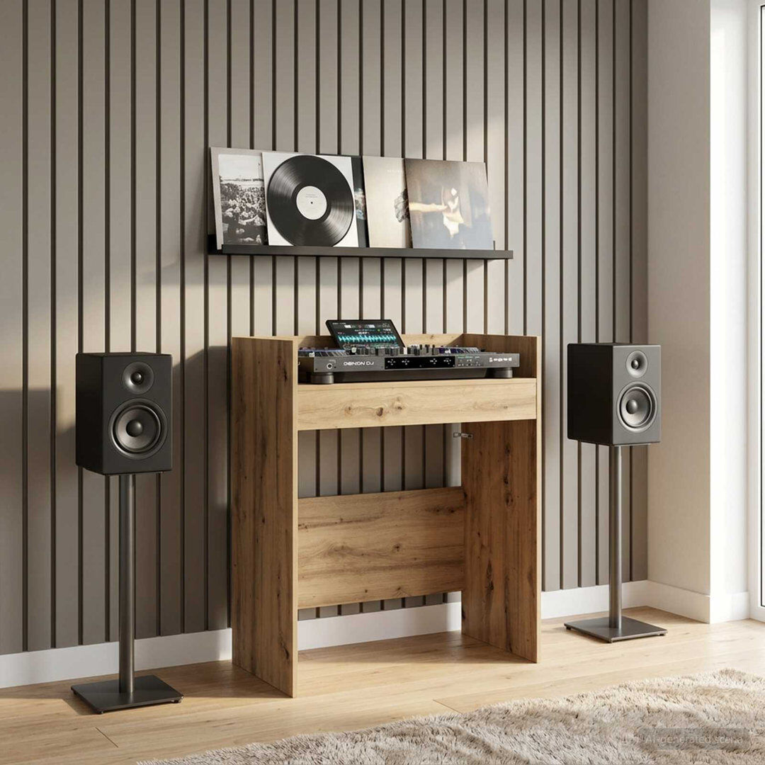 Brayden Studio DJ Table Engineered Wood Modern Audio Table Music Workspace DJ Setup Home Artisan Oak 102cm H x 102cm W x 45cm D