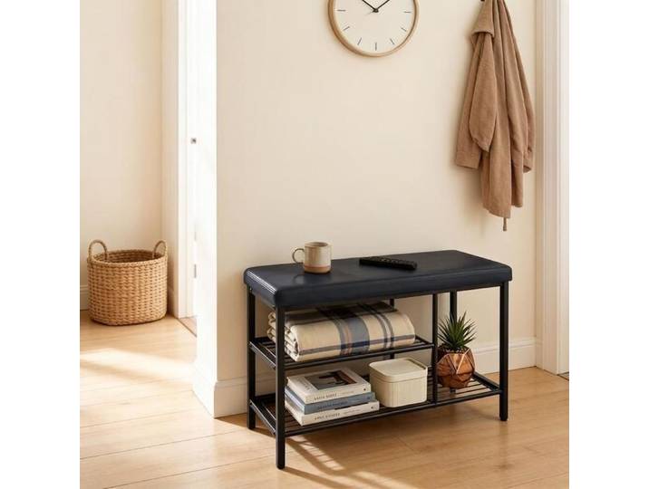 Banc à chaussures - Compact - Simili cuir & métal - 3 compartiments (dont pour bottes) - Siège support 165 kg