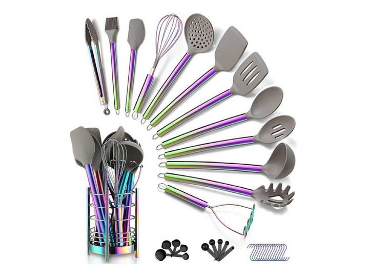 LuxusKollektion Kochbesteck-Set Kochgeschirr Silikon 38teilig Set 4. Regenbogen + Utensilienkrüge