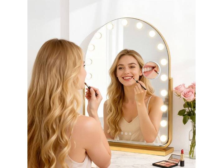 Miroir Cosmétique LED Arche - FIANAO - Cadre en Fer Forgé 17 Lumières Réglables Mémoire Intelligente Verre HD Anti-Explosion