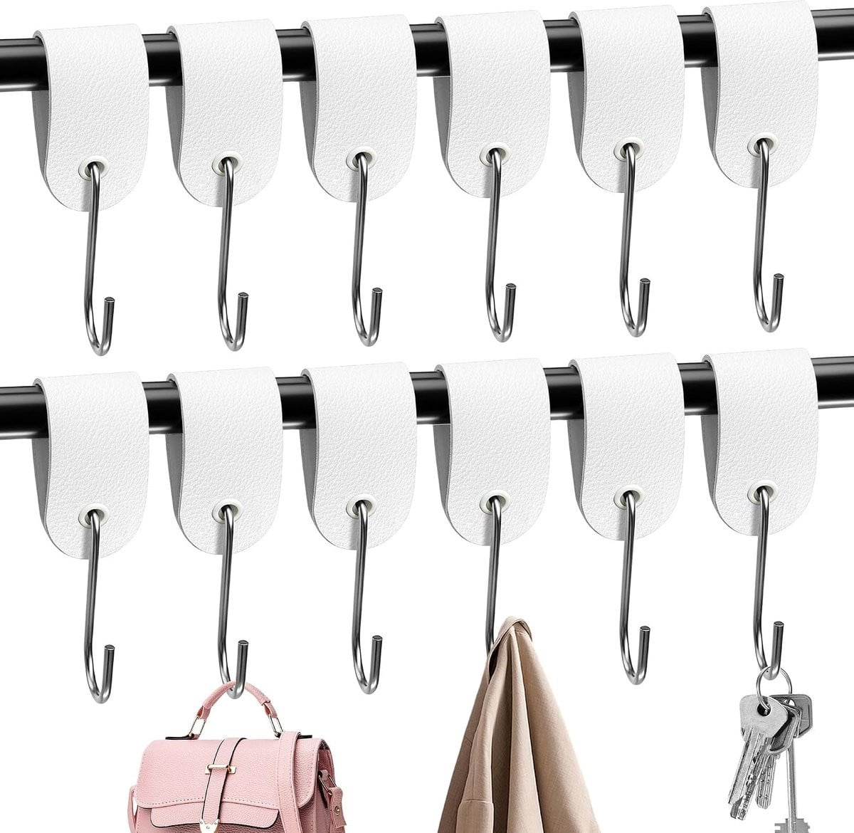 12 stuks S-haken wit met leren lus van roestvrij staal voor kledingstang, garderobe, keuken of badkamer