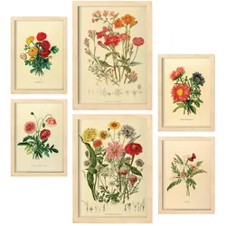 POSTER Set Mit 6 Blumensträuße 2 In Vintage A3 & A4 Rahmen Aus Hellem Holz
