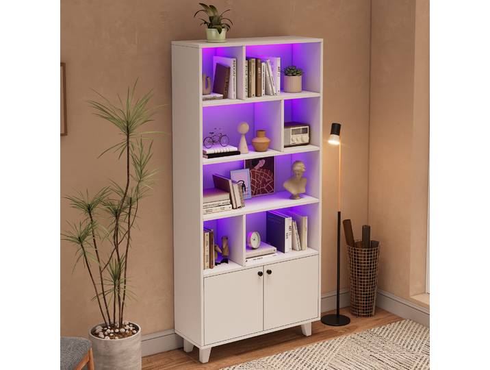 Meubliv Bibliothèque 80x30x173 Cm Blanche – Led\, Double Porte\, Rangement Multi-niveaux