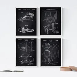 POSTER Set mit 4 Schwarz Basketball Patent A4 Schwarzer Rahmen