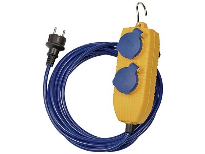 Brennenstuhl Verlengkabel met 4-voudige verdeler (5m stroomkabel in blauw voor kortstondig gebruik buitenshuis, IP54, met inklapbare metalen haak)