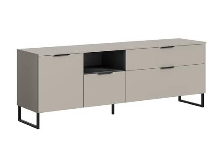 Newroom TV Schrank Kaschmir Lowboard Metallgestell Wohnzimmer offenes Mittelfach mit Schublade Klappe Tür, TV Board Fernsehtisch TV Kommode, schwarze Metallkufen, modern skandinavisch