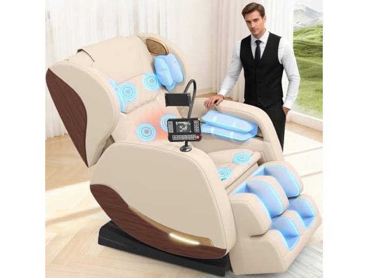 Ganzkörper Massagesessel mit 14 Massagerollen, Bein- und Taillenheizung, 8 Airbags, Bluetooth-Lautsprecher, Touchscreen-Controller, verstellbare Fußstütze, Heimkino-Relaxsessel mit Schwerelosigkeit