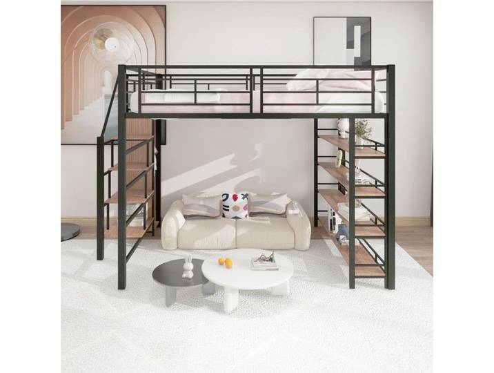 Lit mezzanine avec escalier sécurisé plusieurs étagères armoire intégrée et structure métallique robuste. Mobilier de maison
