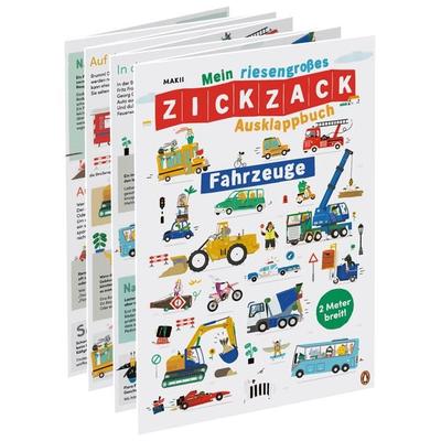 Mein riesengroßes ZICKZACK Ausklappbuch – Fahrzeuge, Gebundene Ausgabe von Makii, Penguin Junior, 978-3-328-30107-3