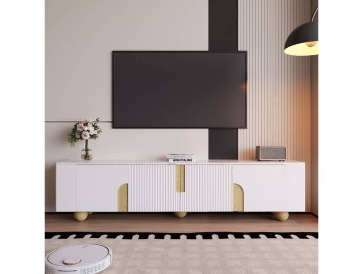 Meuble TV Moderne Blanc Et Bois - 4 Portes Finition Marbre Pieds Bois Sphériques MDF 180x40x44cm