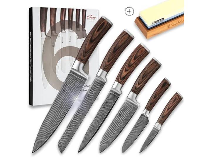 Wakoli EDIB Messerset: 6 Damastmesser mit Schleifstein, 67 Lagen, VG10-Kern Chef-, Brot-, Fleisch-, 2 Santoku- und Officemesser; 1000/4000er Schleifstein; Pakkaholzgriffe; 60 ± 2 HRC; inklusive Holzbox