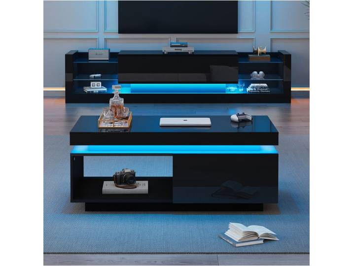 Ensemble meuble TV et table basse noir brillant avec LED panneaux de particules meuble TV 181 cm