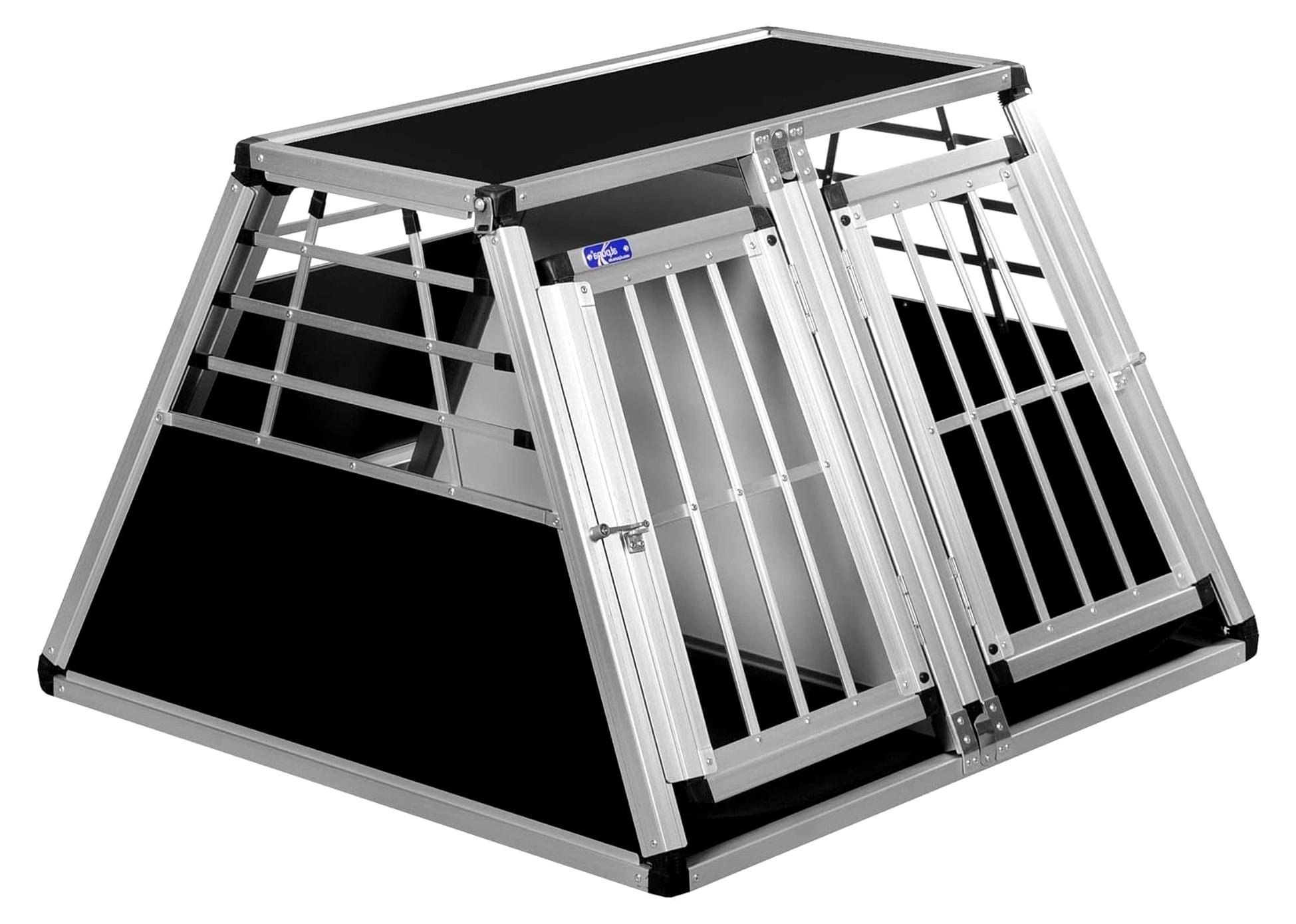 Transportbox N73 - Aluminium Doppelbox für Hunde 92x93x63cm, Hundebox für das Auto mit Trennwand und Notausstieg, sicherer Transport für Hunde im Kofferraum