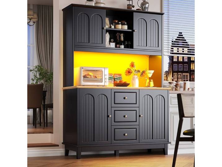 Buffet de Cuisine Armoire Haute avec éclairage LED - Vitrine Moderne 4 Portes 3 Tiroirs -120x40x180cm - Noir