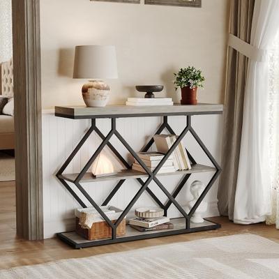 Garvee 32.8in 3-layer Industrial Style Console Table, Diamond-shaped Metal Frame, Sofa Side Table, Open Storage Shelf