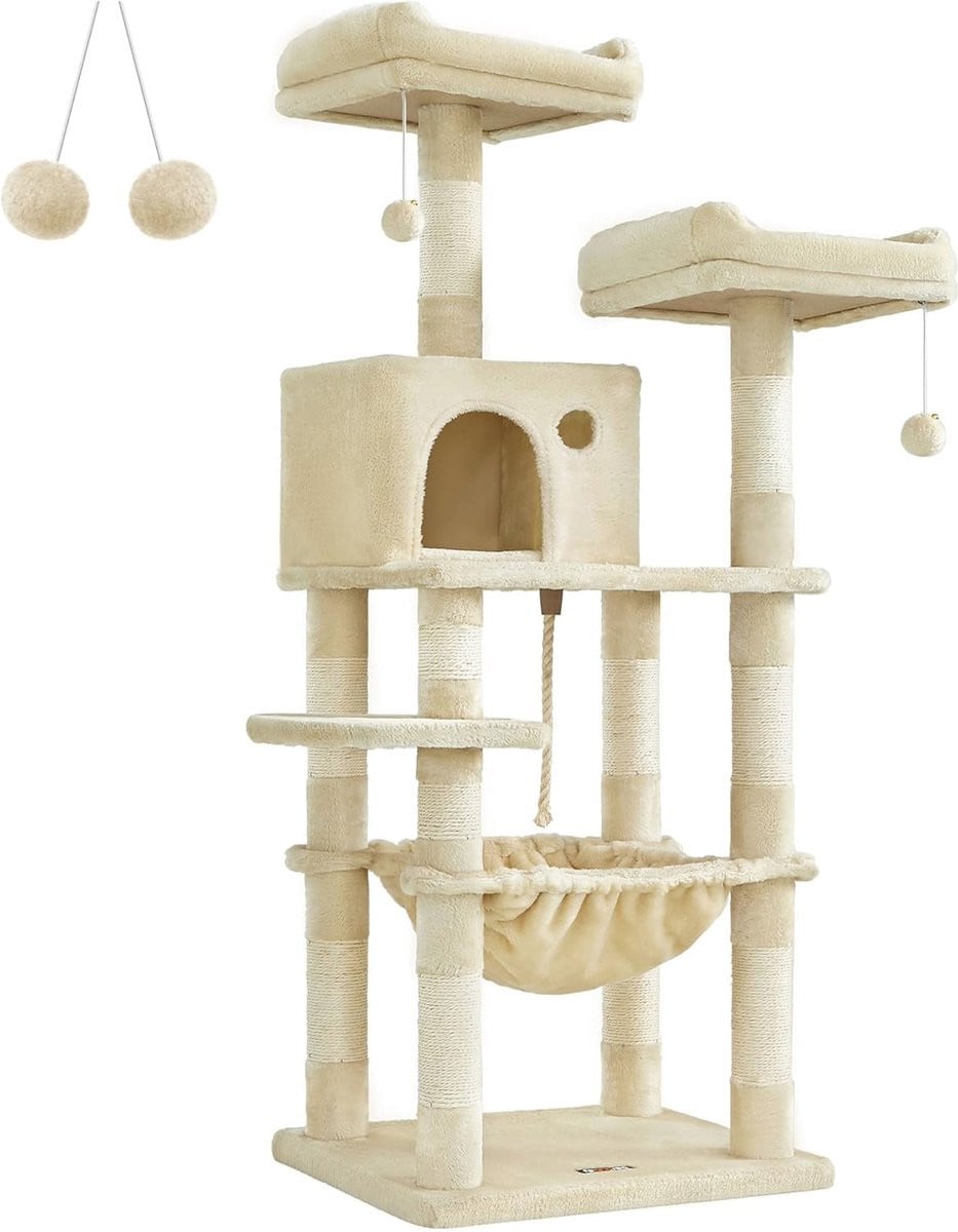 Kattenkrabpaal met 2 uitkijkplateaus, Beige, Hoogte: 143 cm