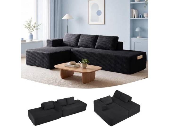 COMHOMA Ecksofa mit Schlaffunktion, 255cm Corduroy Modulares Boneless Couch mit Chaiselongue & Rücken-Metallgestell, L-Form Schlafsofa mit offenem Design, Kissen & Seitentaschen,für Wohnzimmer,Schwarz
