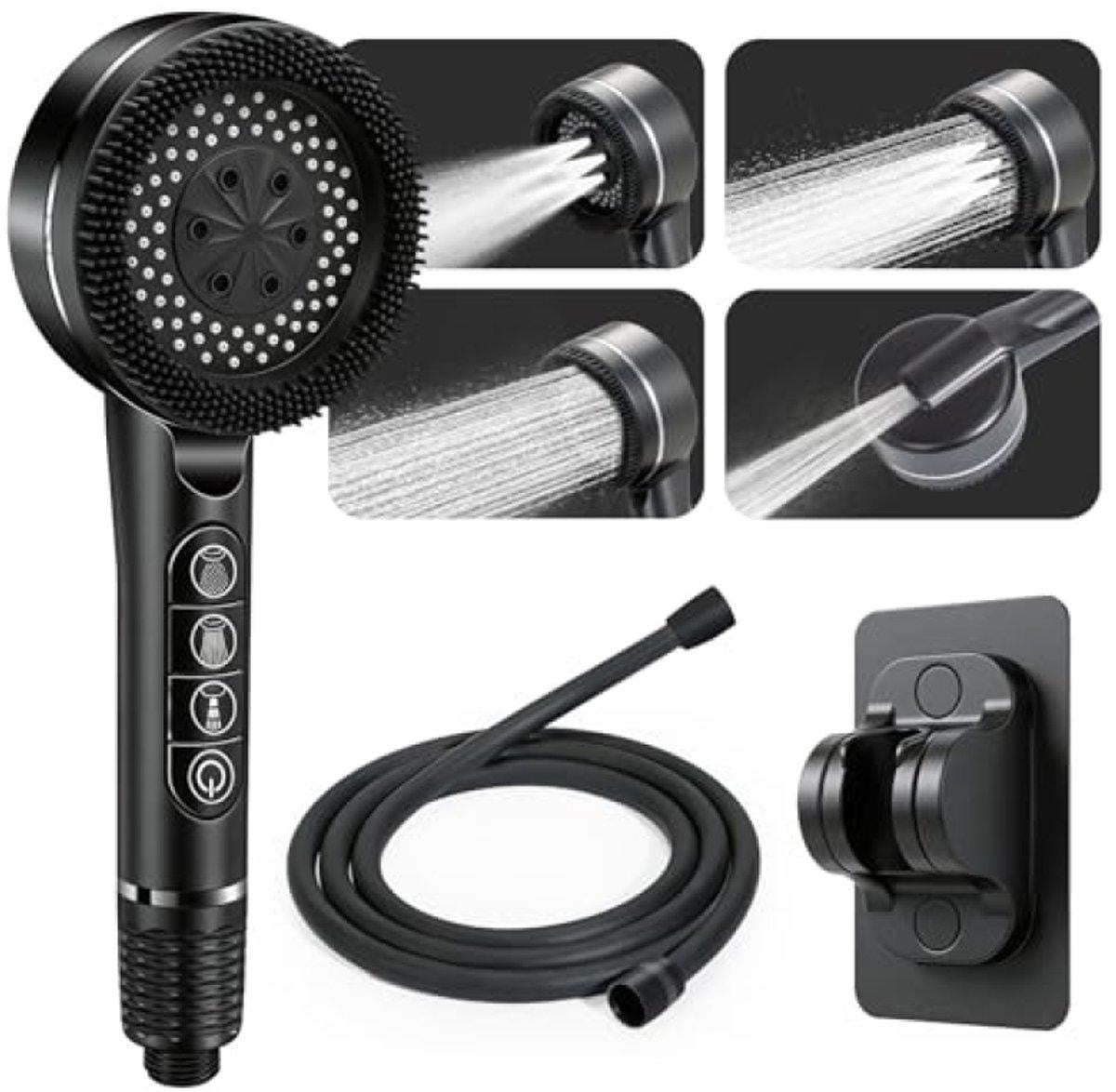 PromoHome® Douchekop met hoge druk en filter, handdouche met 4 straalpatronen, waterbesparend, inclusief 1,5 meter slang en houder, zwart