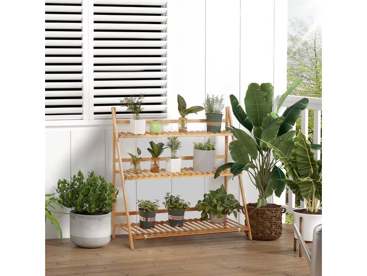 Outsunny Étagère Plantes Bambou Pliable 3 Niveaux 98x37x96.5cm