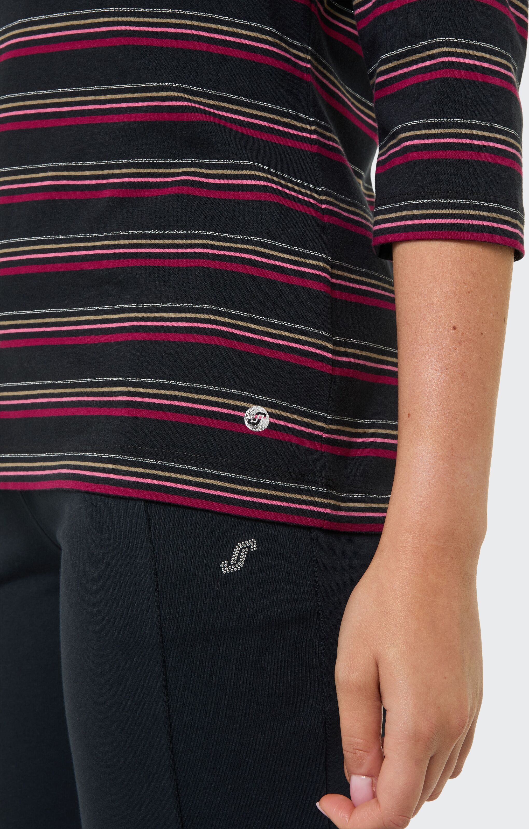 T-Shirt JOY SPORTSWEAR "D T-SHIRT GINA 3/4 ARM", Damen, Gr. 38, bunt (motley stripes), Obermaterial: 95% Baumwolle, 5% Elasthan. Futter: 97% Polyester, 3% Elasthan, Shirts T-Shirt, sportlicher Stil, 3/4-Ärmellänge, für Sportmode motley stripes 38