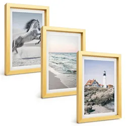 BILDER SET 3er Set - 20x30 cm Goldrahmen - Pferde, Strand, Leuchtturm, Wellen