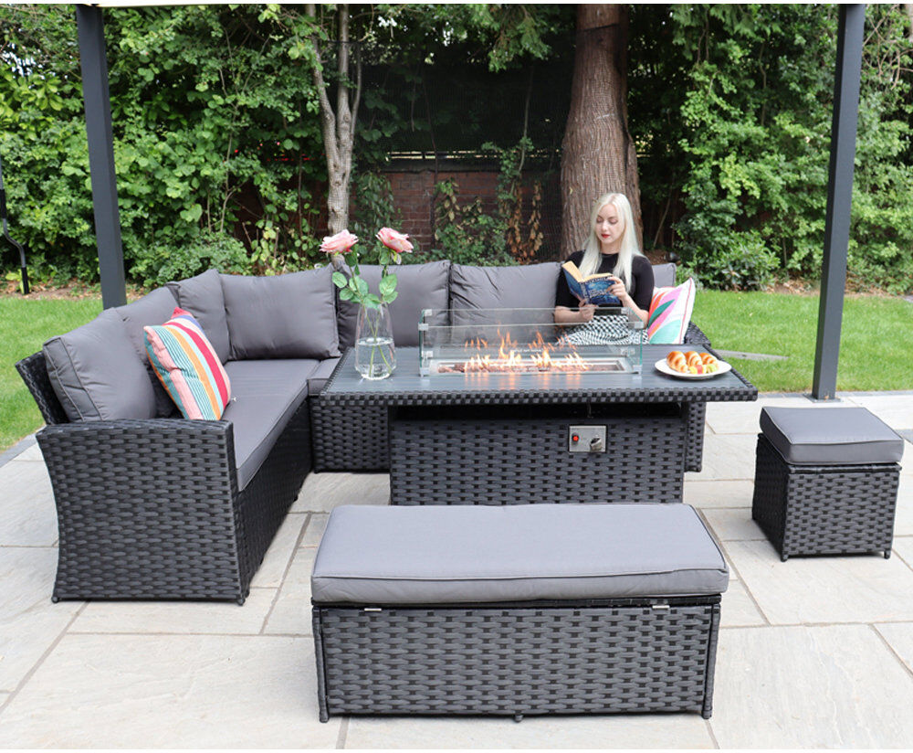 Latitude Run Rosen 9 Seater Corner Sofa Set With Fire-pit Dining Table With Storage Box & Rain Cover Black 9