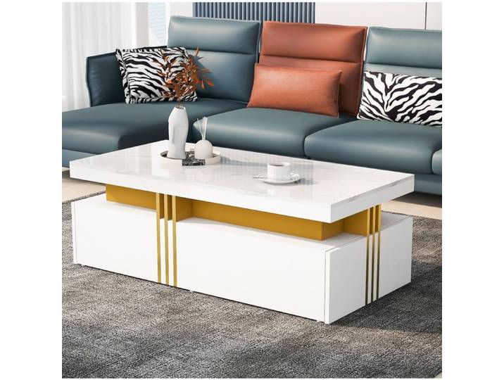 Table basse SENVIRO - rectangulaire à plateau marbré brillant avec 2 tiroirs lignes dorées 100x50x40cm blanc