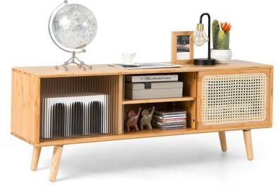 Costway Modern TV Stand with Rattan Glass Sliding Doors-Natural