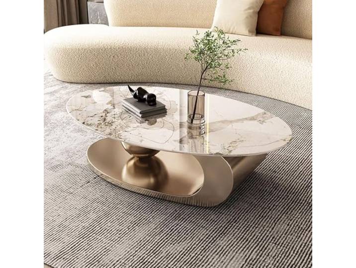 Ovaler Couchtisch, einzigartige Couchtische, Couchtisch mit Marmorplatte und Metallstahlrahmen, stabil und einfach zusammenzubauen, für Wohnzimmer, Büro, Heimdekoration (A 140 x 80 cm)