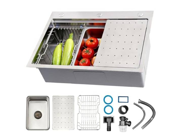 Professionelle Edelstahl-Spüle 304 - Großformatige Einzelspüle Mit Abtropfkorb Für Küche & Bar - Oberschrank-/Unterbau-Montage - Robuste Küchenspüle, Geschirrspülbecken(B,80x50x22cm)