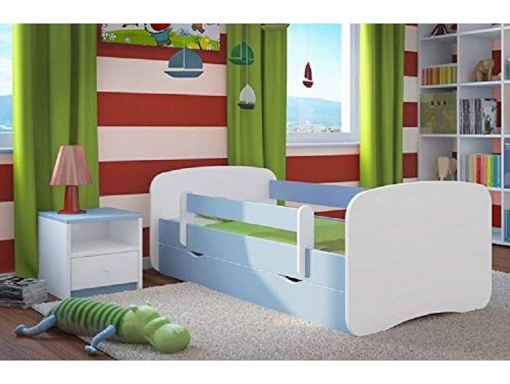 KOCOT KIDS Babybett, weiß, einfarbig, Schublade und Matratze inklusive + Sicherheitsbarriere, Holz, Blau, 1 Person