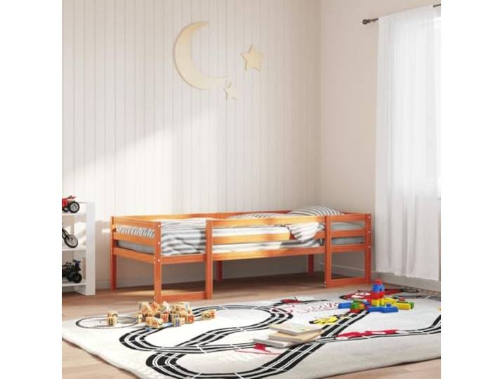 Massivholz Kiefer Rausfallschutz Kinderbett 90 x 190 cm Braun Kinderbett Wachsbraun 90x190 cm Massivholz Kiefer mit Rausfallschutz, Stabil und Langlebig, Platzsparend für Kleinkinder,