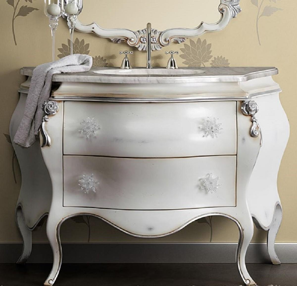 Casa Padrino Luxus Barock Waschtisch Weiß / Silber - Prunkvolle Waschbecken Kommode mit 2 Schubladen - Luxus Badezimmer Möbel im Barockstil - Barock Möbel - Luxus Qualität - Italy