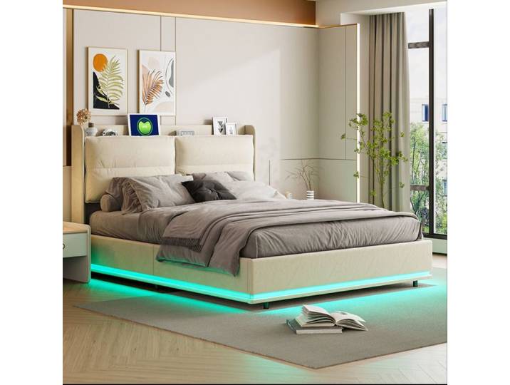 Lit coffre 160x200 cm - ADWOLT - Beige - LED - Chargeur sans fil - Tissu velours