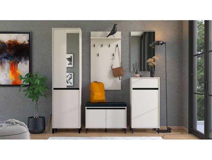 Garderoben-Set HOME AFFAIRE Arran Flurmöbel, Dielenmöbel, Flurschrank, Flurgarderobe Breite 189 cm , weiss (kaschmir), B:189cm H:205,5cm T:40cm, Glas, Holzwerkstoff, Kunststoff, MDF, Metall, Kastenmöbel-Sets, Garderoben-Set, inkl. 2 Schränke, Sitzbank mit Kissen, Garderobenpaneele und Spiegel