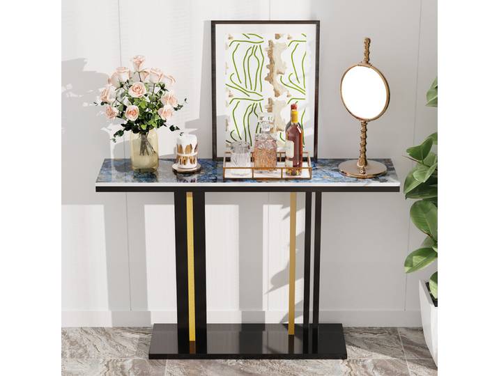 Table Console de Style Contemporain avec Plateau en Pierre, Base sur Piédestal pour Hall, Ardoise en Marbre, Table Étroite Contre le Mur, Porche